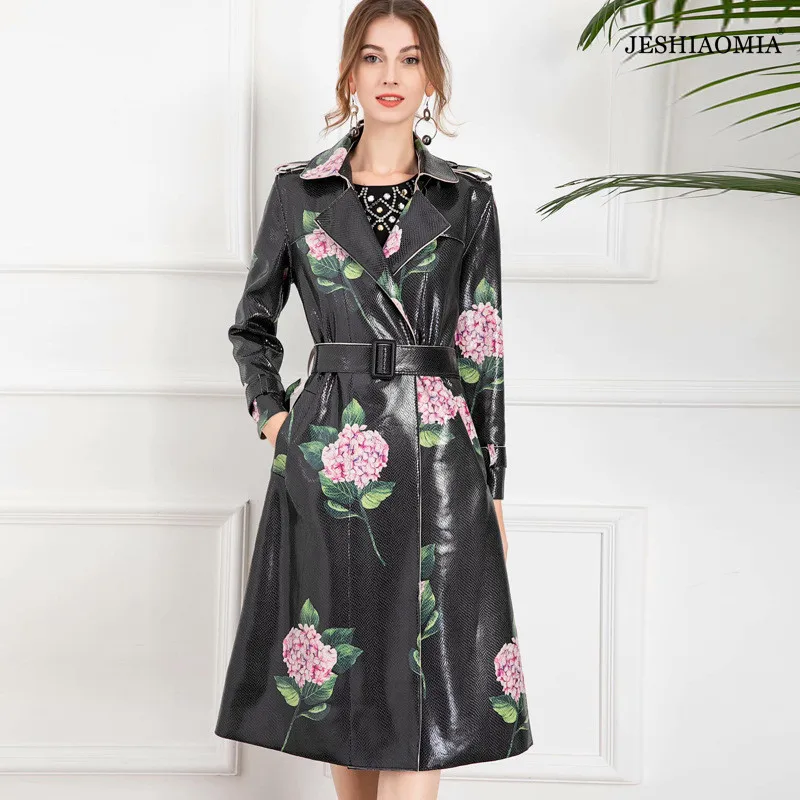

JESHIAOMIA- 2021 Autumn Notched Collar Floral Print Belted Trench Coat