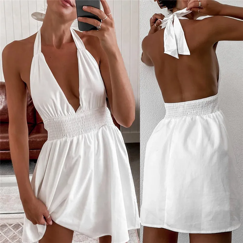 

Sexy Women Backless Dress for Streetwear Shrinkage Design Halter Deep V High Waist Solid Color Slim Mini Dress white