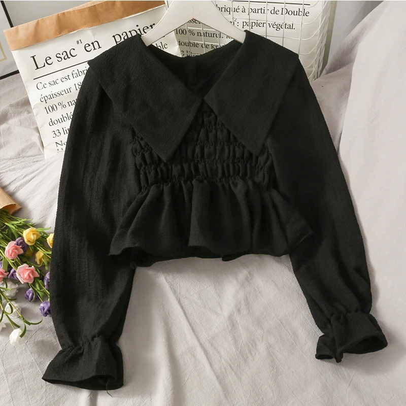 

JCHB 2021 High Quality White Top Female Korean Style Crop Tops Long Sleeve Blouses Spring Summer Women Fashion Ropa Mujer Pph42