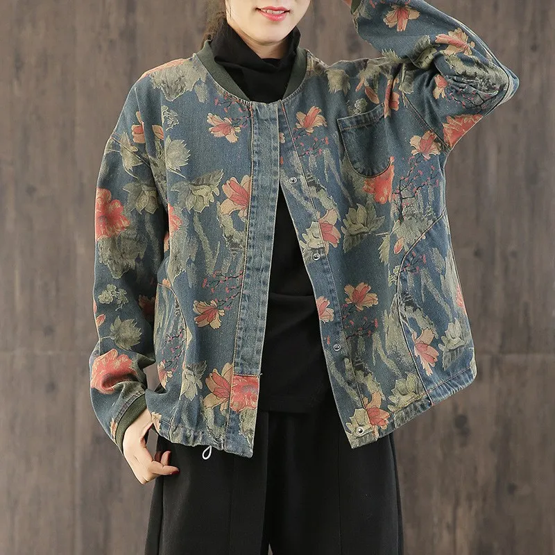 Винтажная женская джинсовая куртка весенний джинсовый кардиган с цветочным