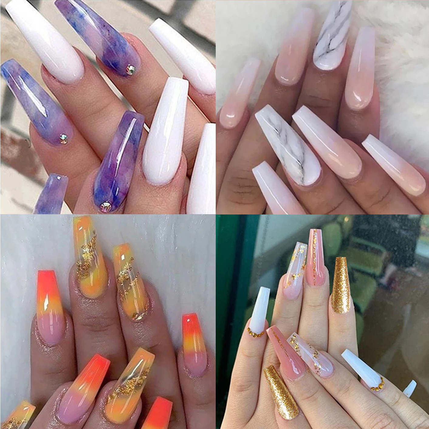 

24pcs Long Coffin False Nails Wearable Ballerina Fake Nails Gradient Gold Foil Nails Full Cover Nail Tips Press On Nails 2022