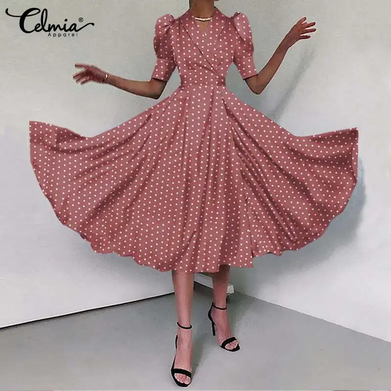 

Celmia 2021 Fashion Puff Short Sleeve Robe Longue Casual Polka Dot Waisted Elegant Mini Dress Women V-neck Bandage Party Vestido