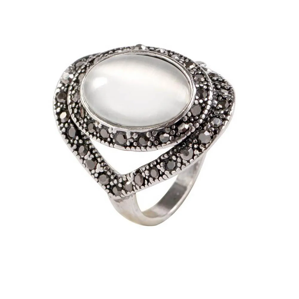 Винтажное кольцо с овальным опалом женское античное серебряное черного цвета