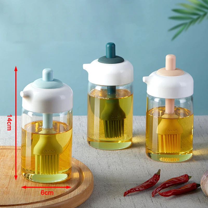 2 In 1 Oil Silicon Brush Glass Bottle Press-on Seasoning Bottle BBQ Oil Spray Bottle Kitchen Soy Sauce & Vinegar Storage Jar