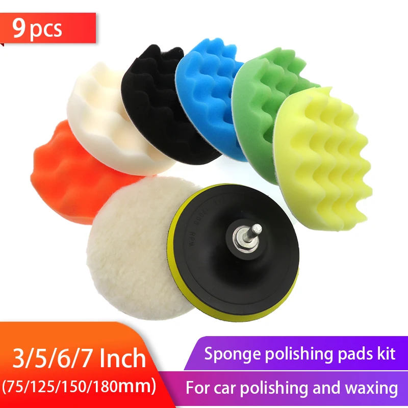 

9pcs Buffing Sponge Pad Set 3/5/6/7 Inch Car Polishing Pad Kit Auto Buffing Waxing with M14 Drill Adaptor For Car Cleaning Tools