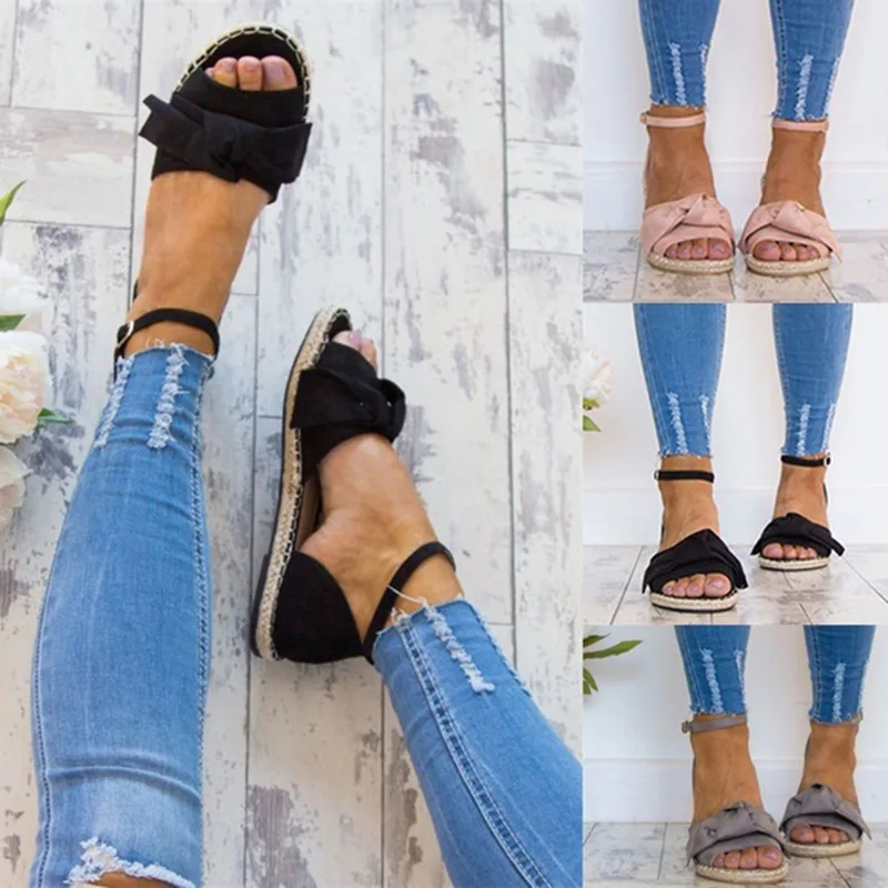 

2021 New Women Summer Flat Shoes Sandals Ladies Gladiator Peep Toe Buckle Strap Shoes Female Suede Bow Espadrilles Sandals