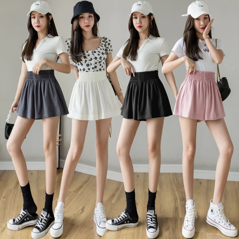 

Limiguyue Summer Shorts Casual Wide Leg High Elastic Waist Straight Leg Women Mini All-Match Fashion Outer Wear Pink White K926