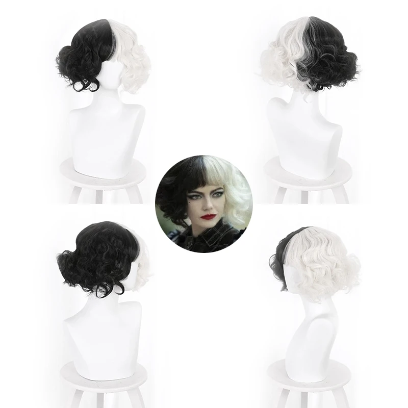 

Cruella De Vil Kuila получерные полусотни маленьких коротких вьющихся париков, парики, шапочки для изготовления париков