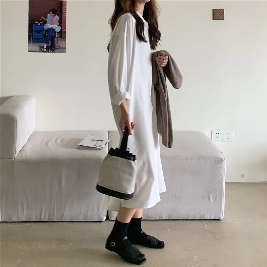 

One-Piece Long Shirt Dress Women Oversize 2020 Autumn Long Sleeve Turn-Down Collar Striped Midi Dresses New Korean Loose Dress