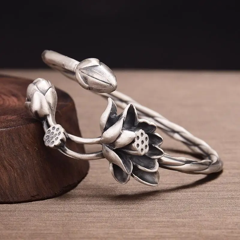 New Retro Elegant Temperament Ethnic Style Wild Personality Female Lotus Bracelet Opening Adjustment | Украшения и аксессуары