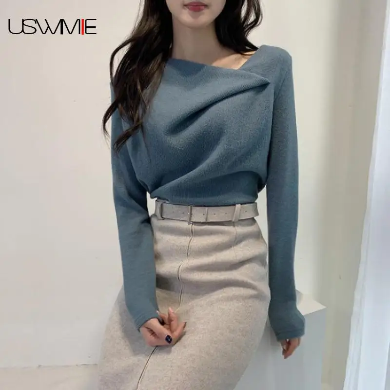 

Women Sweater Autumn Winter New Fashionable Off Shoulder Streetwear Long Sleeve Pure Color Sexy Comfort Bottoming Knitting Top