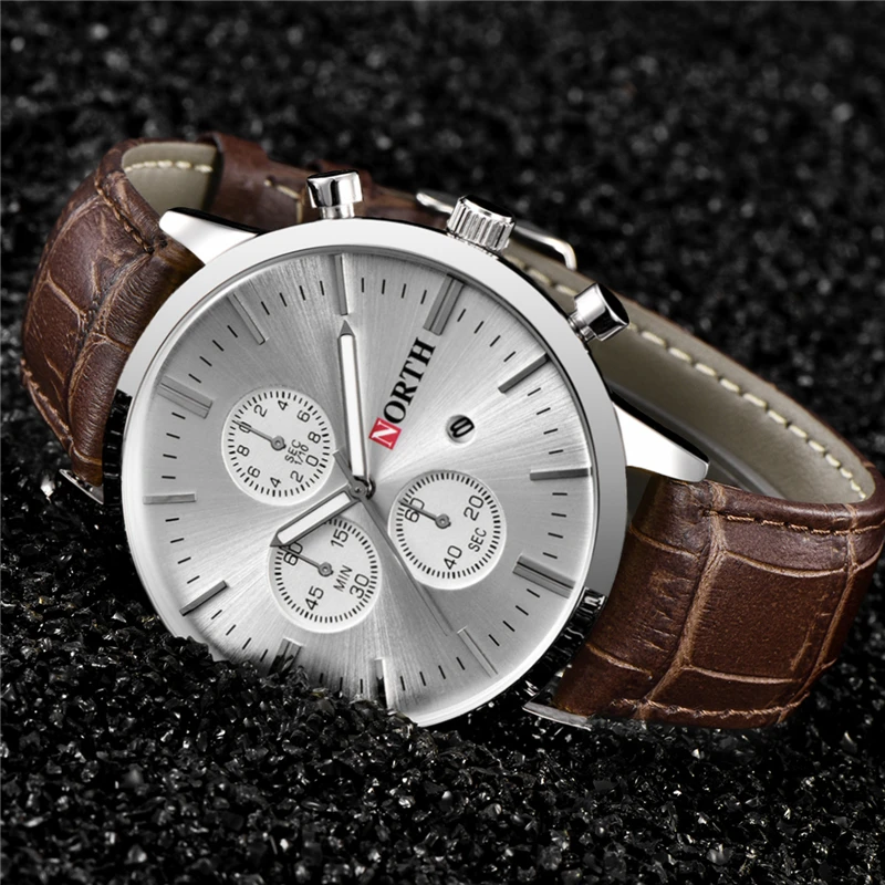 Часы NORTH мужские с кожаным ремешком Роскошные Аналоговые кварцевые модные