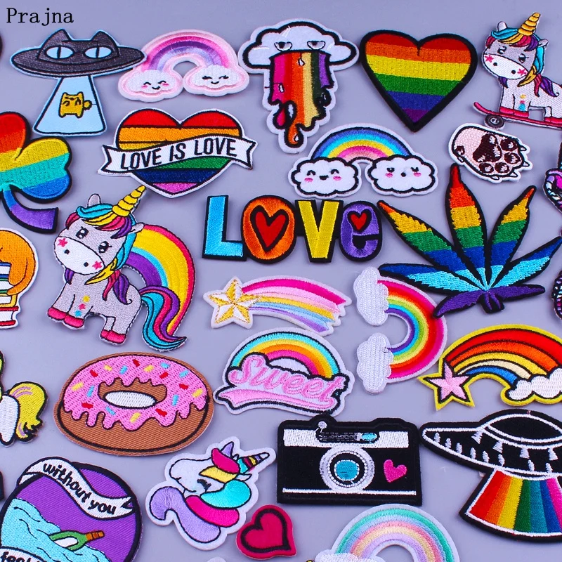 

Prajna Hippie Unicorn Patches Embroidered Patches For Clothing DIY Magic Rainbow Stripes Iron On Patches For Kids Cloth Applique