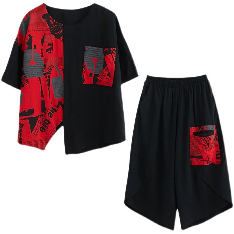 

IEQJ Black Casual Two-piece Printing Stitching New Irregular Round Neck Short Sleeve Loose Women Fashion Tide Summer 2021 3F0200