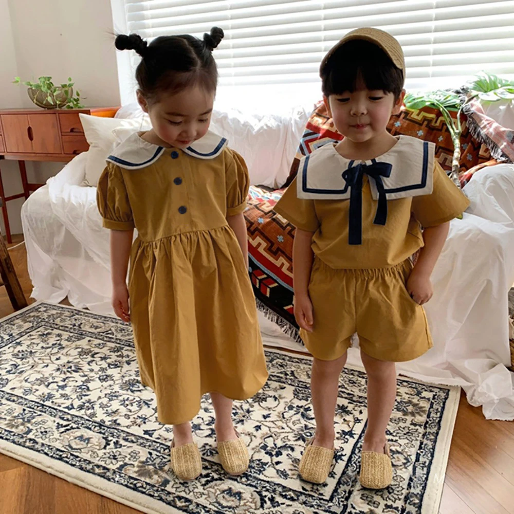 

New Good Quality Factory Price Fashion Hot Selling Children's Navy Collar T-shirt Button Dress Shorts Set