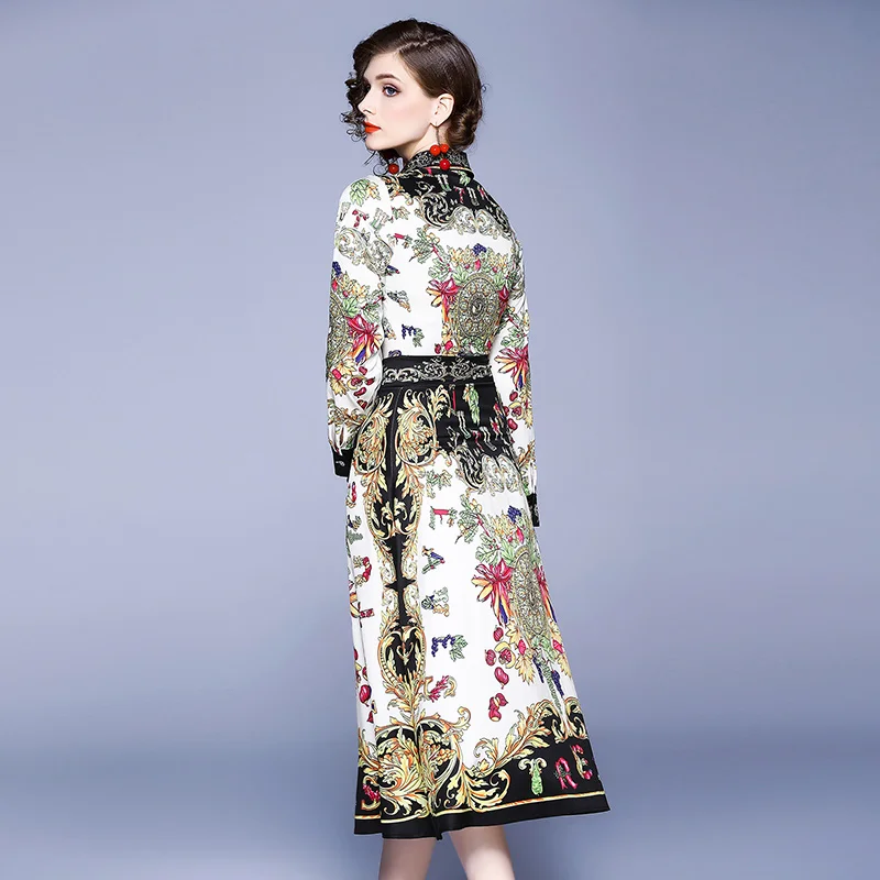 

New Elegant Vintage Women Print Slim Tunic Party Dress Office Lady Long Sleeve Midi Dresses Clothing