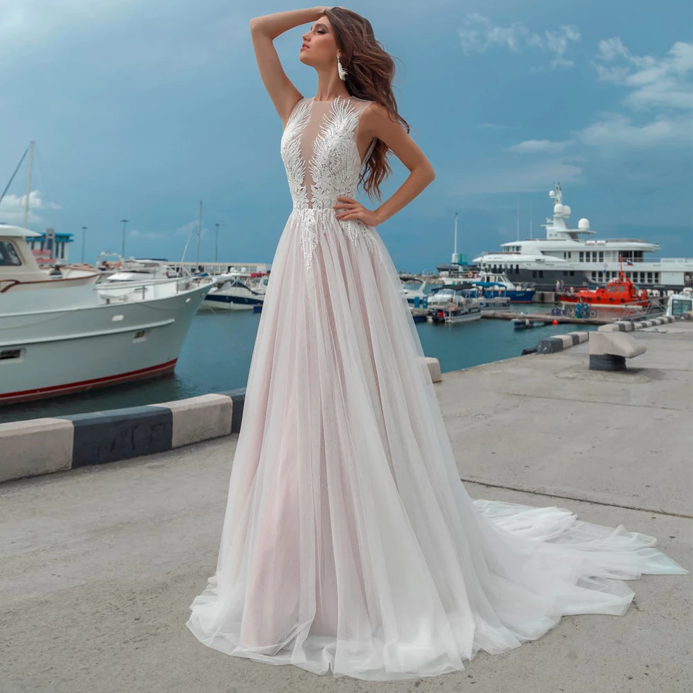

Cheap Wedding Dresses Organza Illusion Appliques V-Neck Sleeveless Backless A-Line Bridal Gowns Novia Do 2021