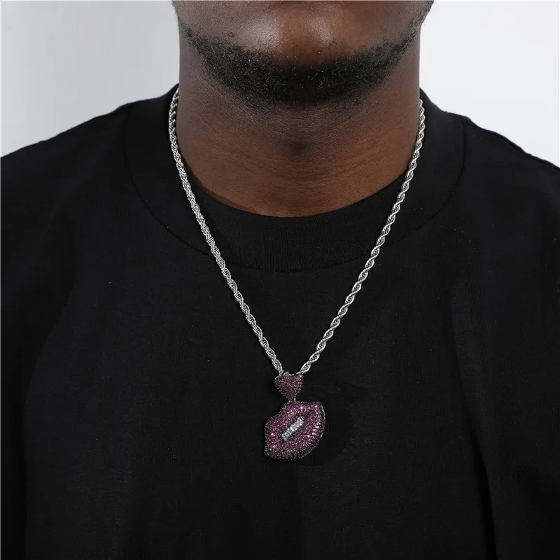 

Men Hip Hop Bling Iced Out Cubic Zirconia Stone Copper Purple Lips With Heart Necklace Pendants 4MM Rope Chain Charm Jewelry