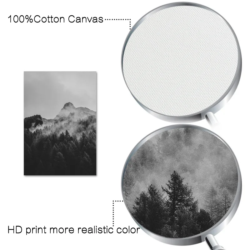 Черно-белые горы Туманный лес стены искусства картина Природа Пейзаж Плакат