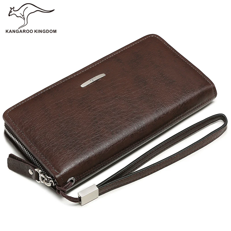 KANGAROO KINGDOM famous brand fashion men wallets long genuine leather business clutch zipper wallet large capacity phone purse