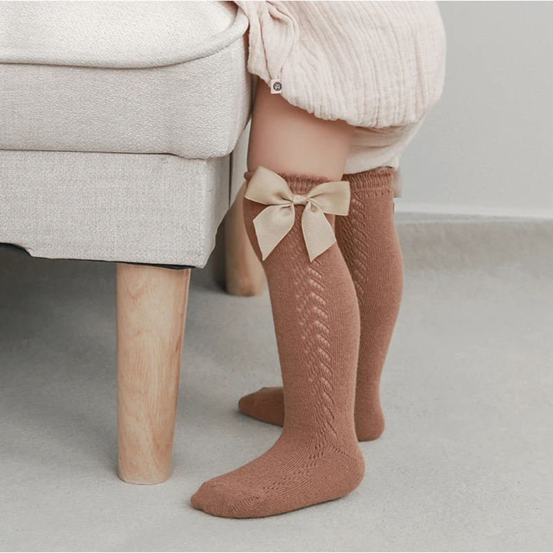 Spanish Baby Girls Mesh Socks With Bows Kids Knee High Sock Princess Soft Children Cotton Infant Socken 1-5Years | Детская одежда и
