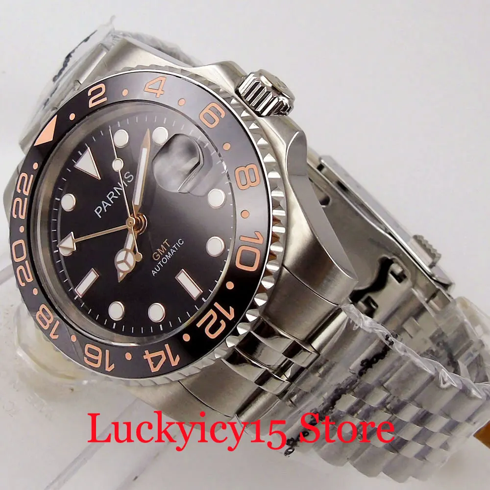 PARNIS Роскошные GMT Механические Мужские наручные часы из нержавеющей стали с