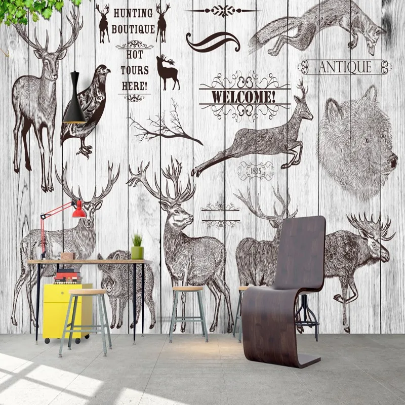 

Custom Photo Wallpaper European Retro Wooden Animal Elk Background Wall Bar Restaurant Mural Restaurant Studio Custom Wallpaper