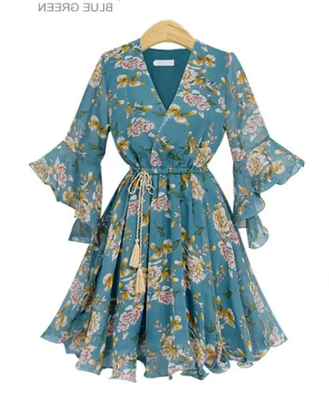 

Women Floral Printed Chiffon Dress 2020 Spring Sexy V-neck Boho Beach Casual Dresses Lady Lantern Sleeve Midi Party Dress