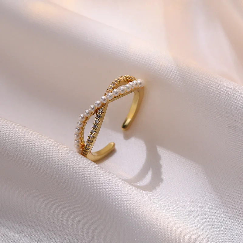 

Pearl Gold Rings for Women 2021 Trend Fashion Jewelry Korea Wind Double-row Copper Ring Open Resizable Simple Style Elegant