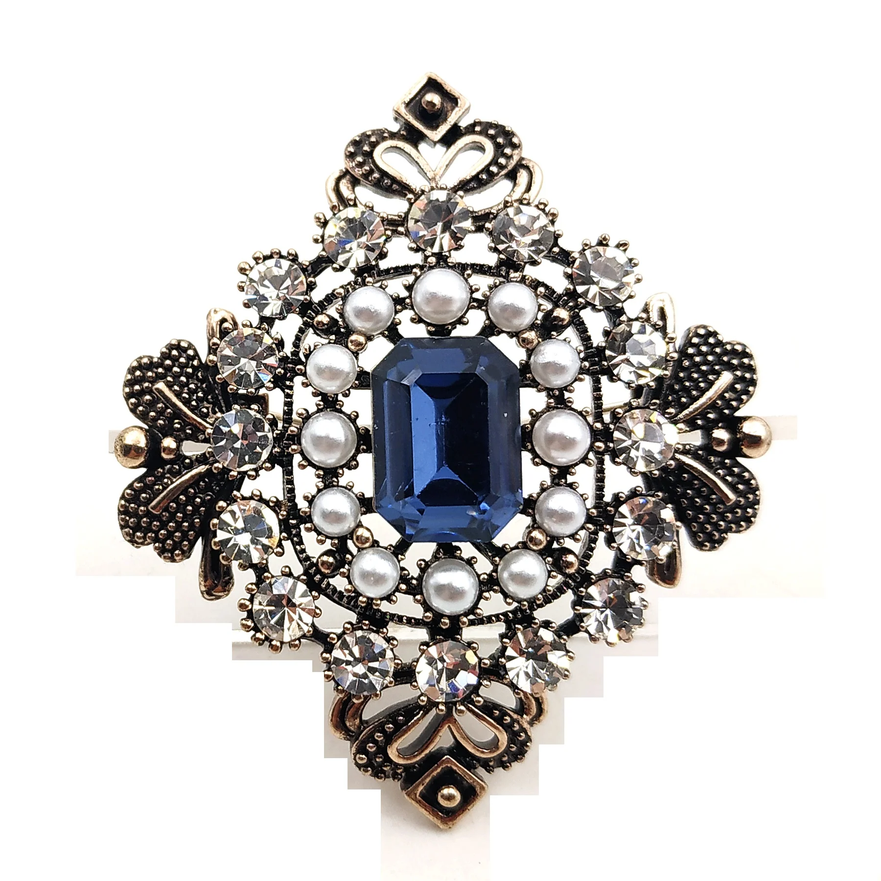 

Royal Antique Silver Tone Opens Imitated Pearls Cluster Blue Stone Art Deco Square Broaches Pins Costume Jewelry for Women Cloth