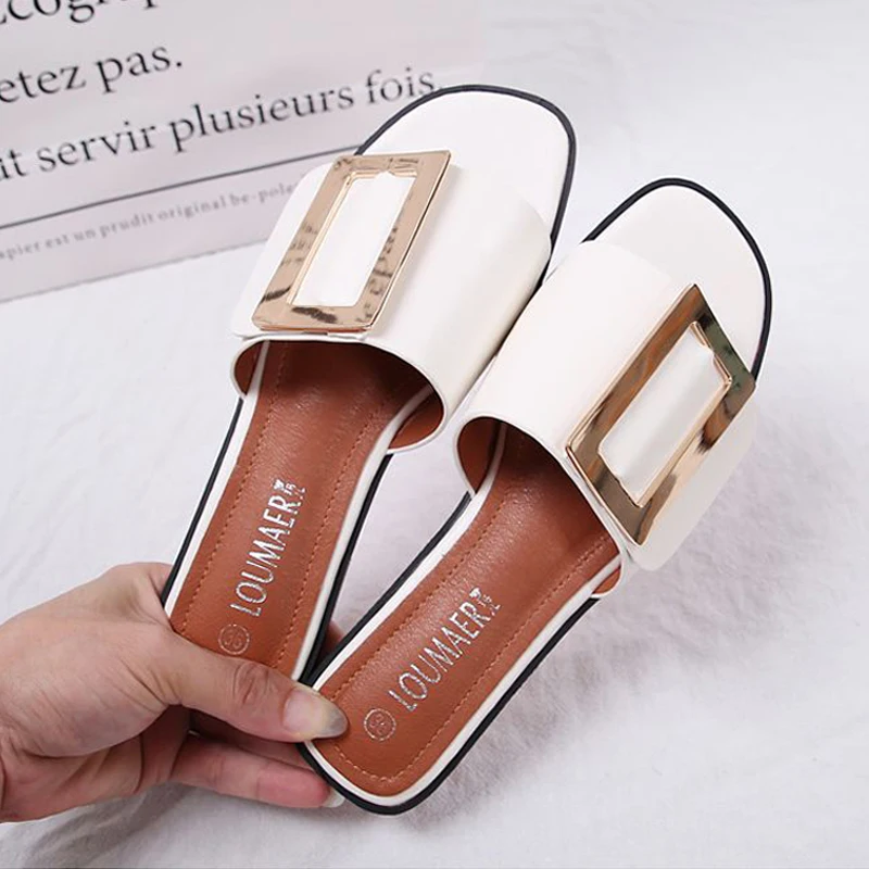 Сланцы женские с квадратным носком модные шлепанцы пряжкой летняя обувь для