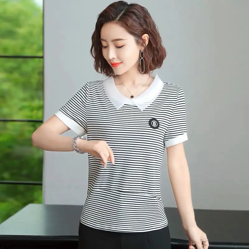 Блузка женская в полоску с коротким рукавом и воротником Питера Пэна весна-лето