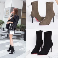 new women sock boots pointed toe elastic high slip on heel high ankle pumps stiletto botas mujer high boots zapatos muje 2019