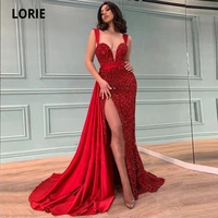 eightale arabic evening dresses 2021 high side split sequin and satin red formal mermaid prom gown long party celebrity dress