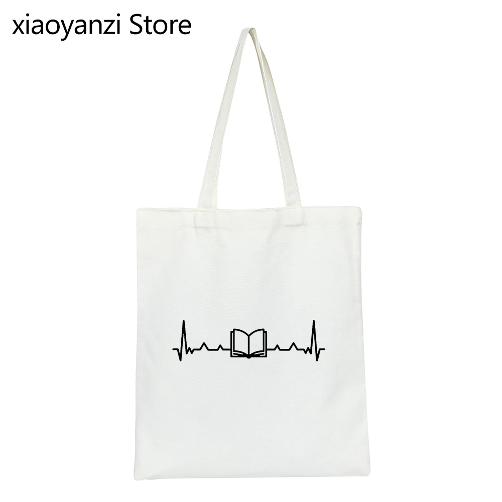 

Book Heartbeat Print Women Shoulder Bag Canvas Bag Casual Eco Reusable Shopping Student Books Bags Tote Fabric Canvas SL-410