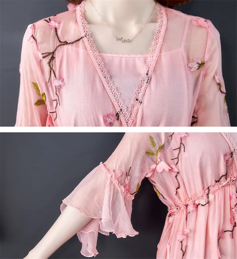 Женское платье с вышивкой Розовое свободное из искусственного шелка длинным