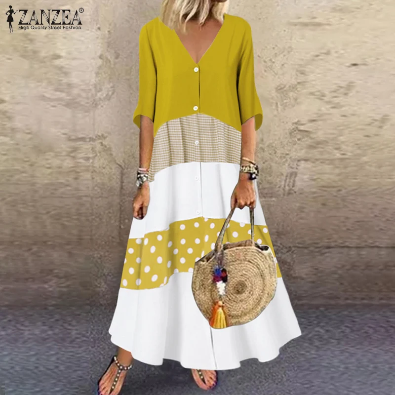 

ZANZEA Vintage Women Summer Sundress Bohemian Plaid Dresses V Neck Half Sleeve Patchwork Long Dress Retro Polka Dot Vestidos 7