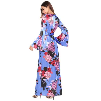 Женское платье с цветочным принтом богемное летнее синее пляжное разрезом