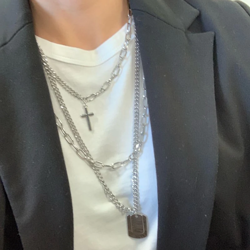 Крест ожерелье многослойное Панк Серебряная цветная цепочка для мужчин рок