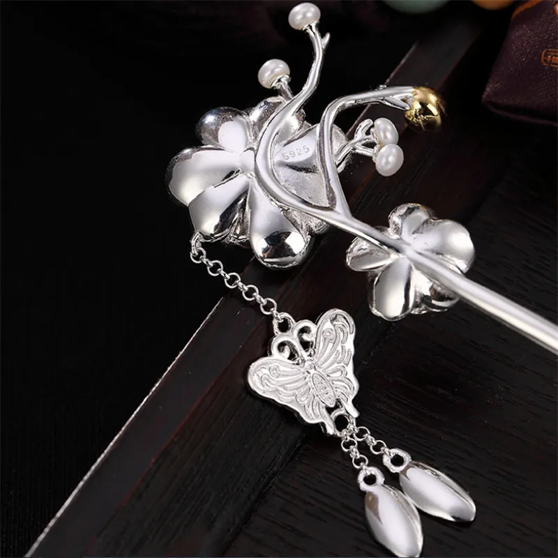 Uglyless Handmade Flowers Hair Sticks for Women Real 925 Silver Butterfly Leaves Tassels Forks Ethnic Floral Jewelry | Украшения и