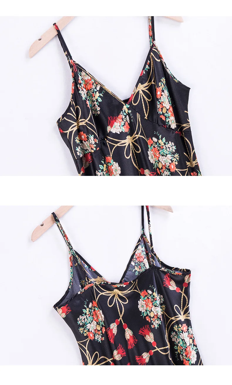 Женская Летняя шелковая тонкая сексуальная ночная рубашка на бретелях черное