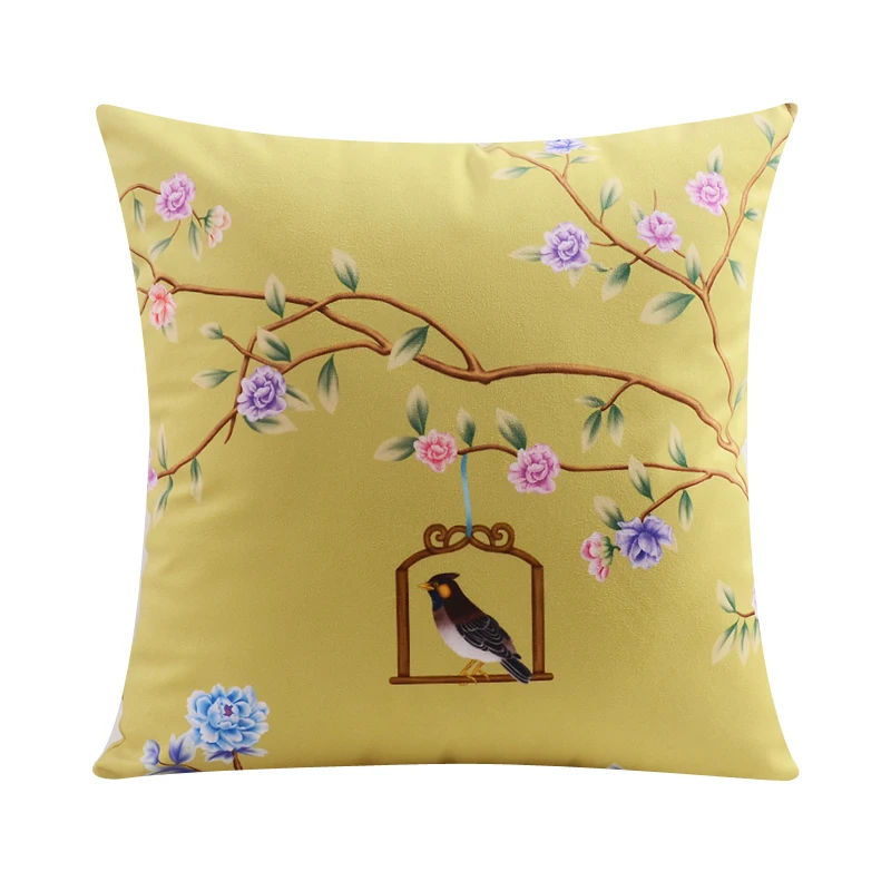 

2021 Yellow Cushion Cover Floral Decorative Pillows Cover Bird Throw Pillows