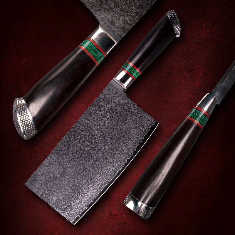 

PEDWIFE 7inch Damascus Steel Cleaver Kinife Chopper knife Cooking Tools Handmade Chinese Kitchen Knives with Ebony Handle
