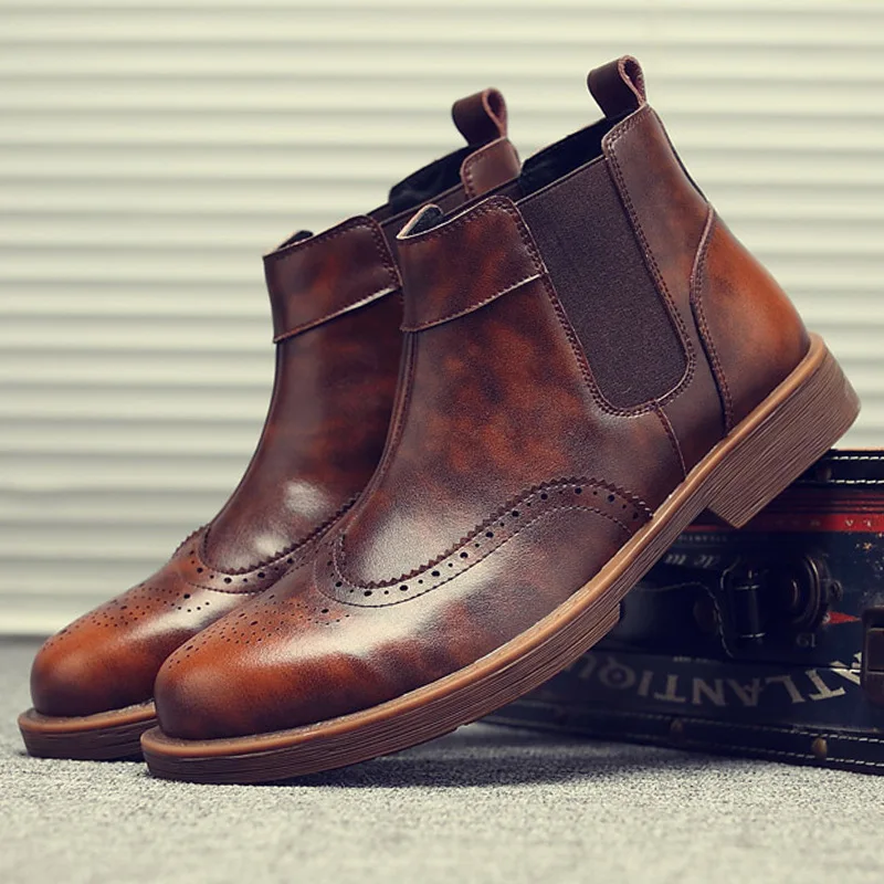 Winter PU Chelsea Boots Men Elastic Band Pointed Toe Ankle Boots Solid Casual Motorcycle Shoes Plus Size Black Brown - Цвет: brown
