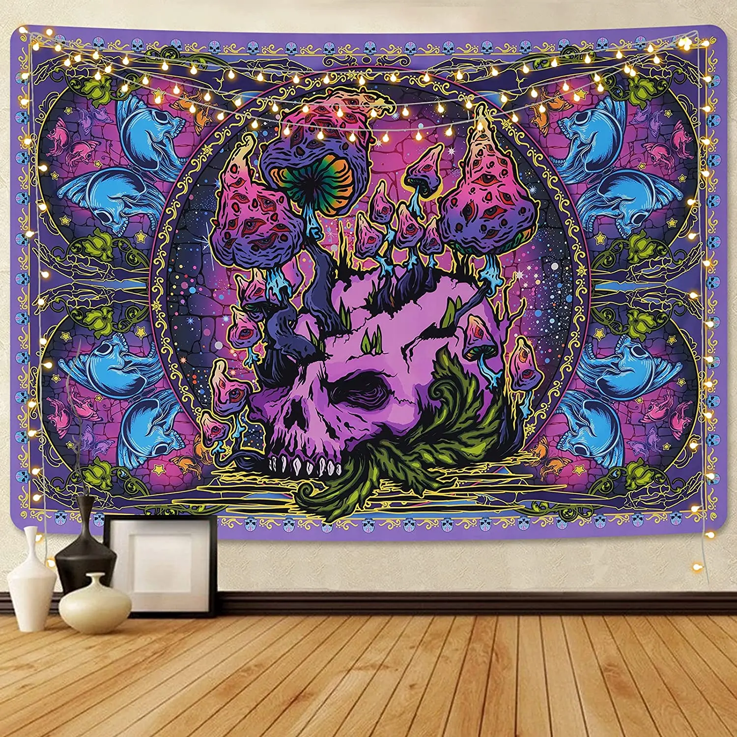 

Psychedelic Mushroom Tapestry Trippy Skull Tapestry Skeleton Tapestry Mysterious Eyes Tapestry Hippie Colorful Mushroom