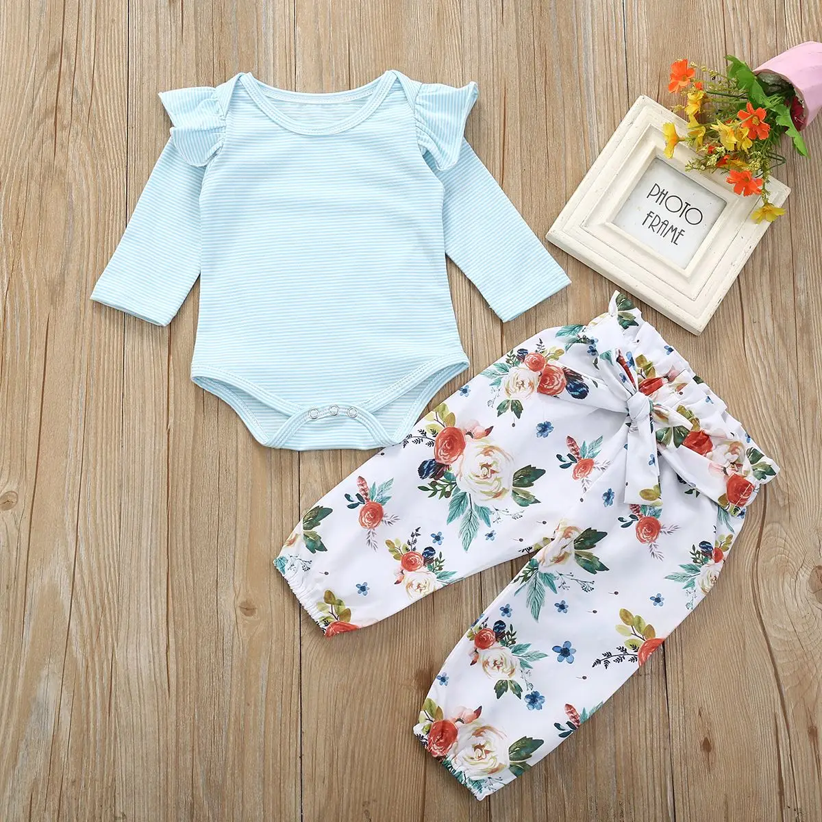 

2pcs Baby Toddler Girl Cotton Outfit Striped ruffles Romper Floral Pants Newborn Toddler Girl Fashion Clothes Outfit Suit 2020