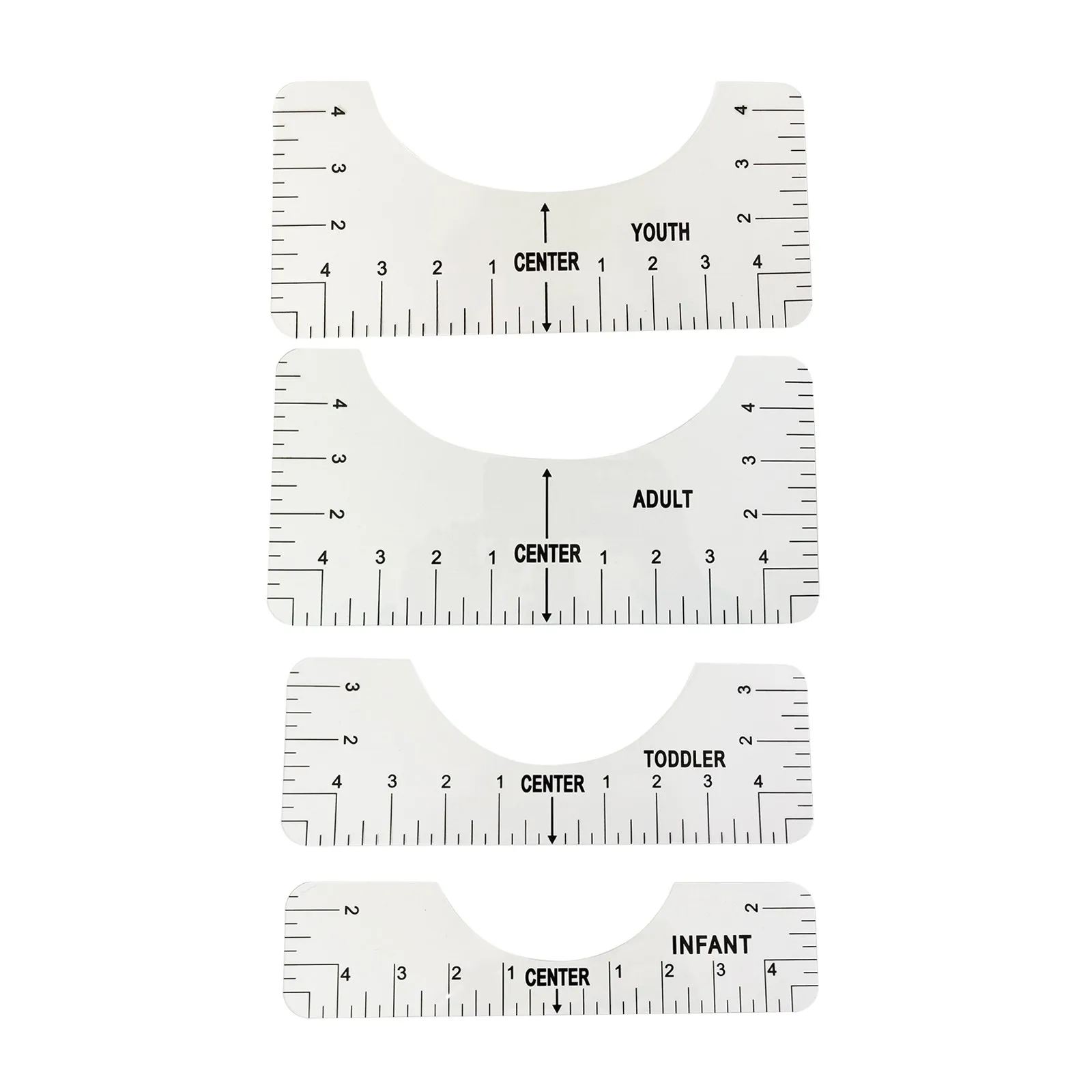 

4PCS T-Shirt Alignment Ruler for Guiding T-Shirt Design Fashion Rulers with Size Chart DIY Drawing Template Craft Tool Drafting