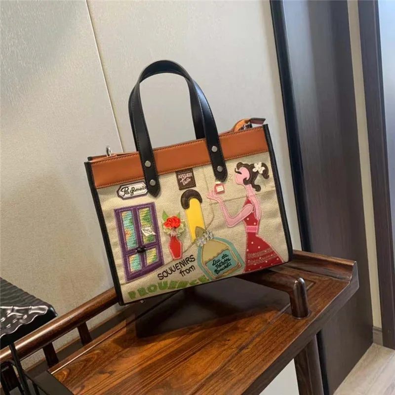 Women Bags Canvas Patchwork Embroidery Purse Shoulder Bags Handbags Tote Braccialini Style Handmade Art Cartoon Perfume Girl