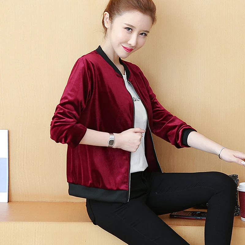 

2021 Korean Fashion Spring Bomber Velvet Jacket Women Short Coat Long Sleeve Zipper Female Thin Baseball Jackets Outwear Clothes