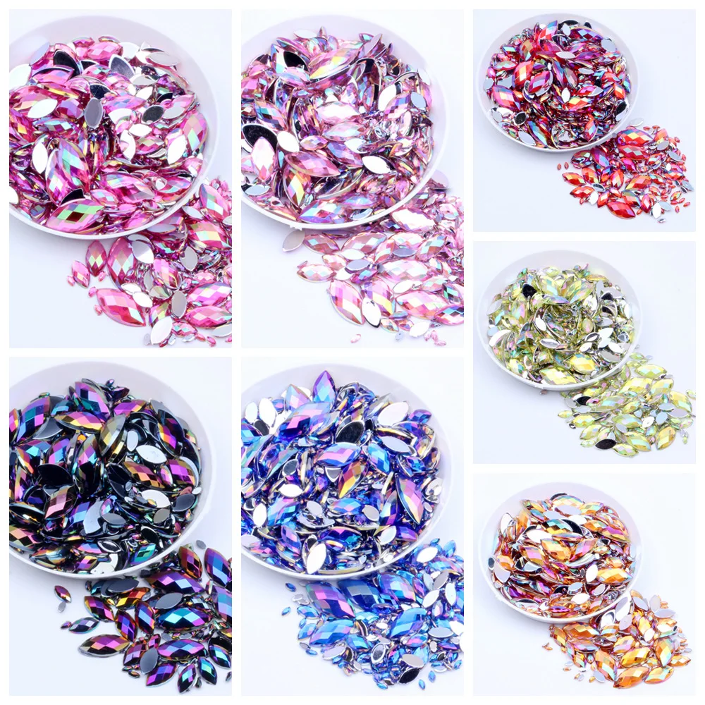 

300 Pcs Mixed AB Color Nail Art Rhinestones Flatback Glitter Crystal 3D Marquise Strass Acrylic DIY Decorations Nail Accessories
